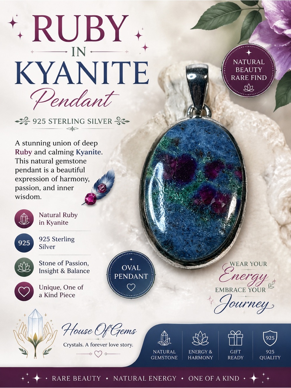 House of Gems Ruby in Kyanite Oval Pendant - Blue & Purple Sterling Silver
